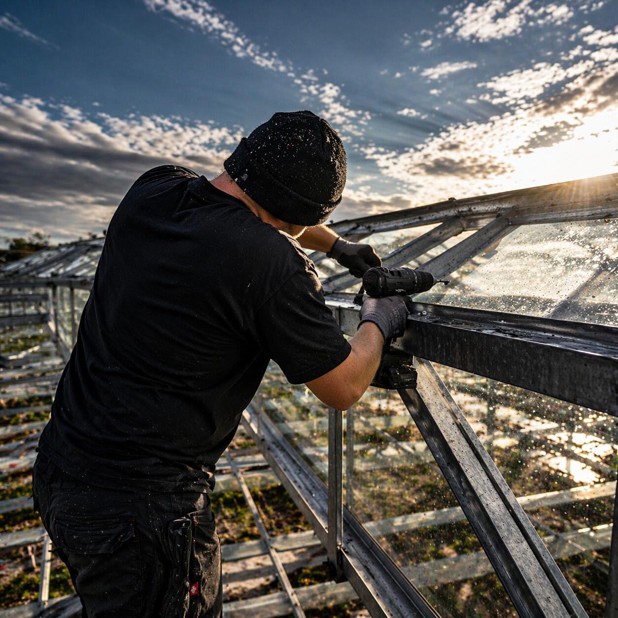 Arbeiter auf Gewächshausdach im Sonnenlicht Arbeiter auf Gewächshausdach im Sonnenlicht